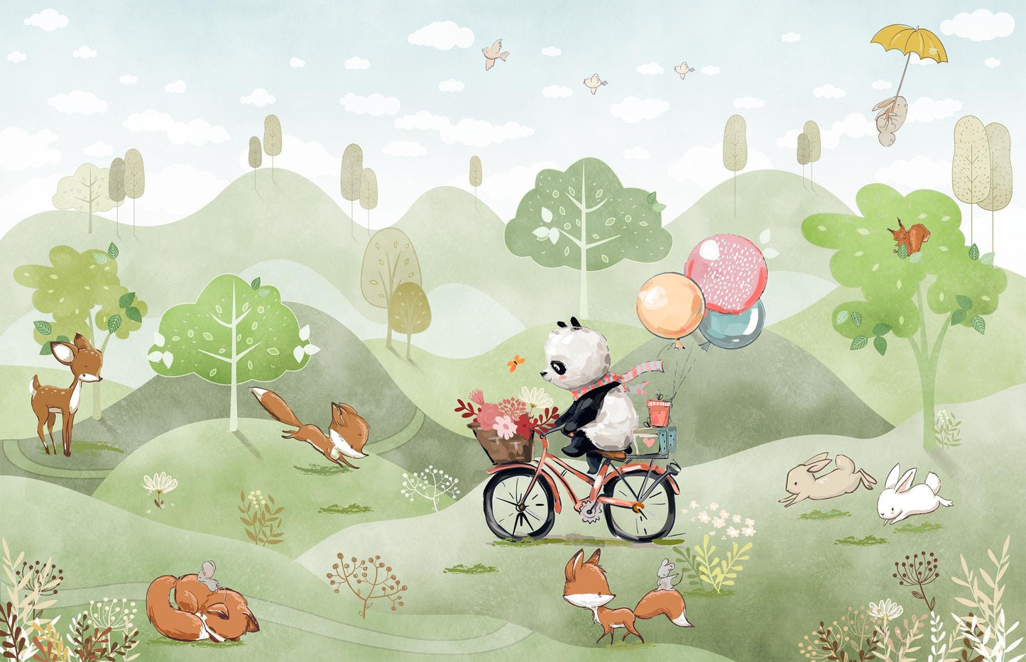Panda on a Bike and Her Cute Friends Wallpaper, Animals Wallpaper Nursery, Childrens Wallpaper , Peel and Stick Wallpaper, Baby Wallpaper
