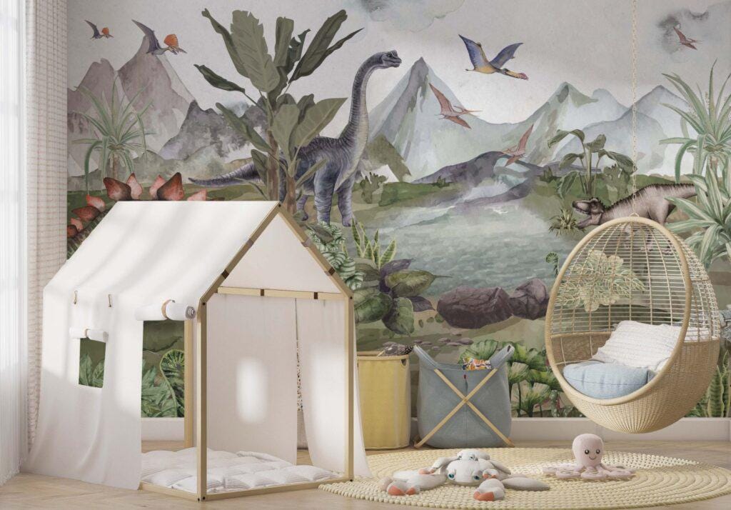 Dinosaurs By The Lake Wallpaper, Wild Animals Wallpaper Nursery, Jungle Childrens Wallpaper, Peel and Stick Wallpaper, Baby Wallpaper