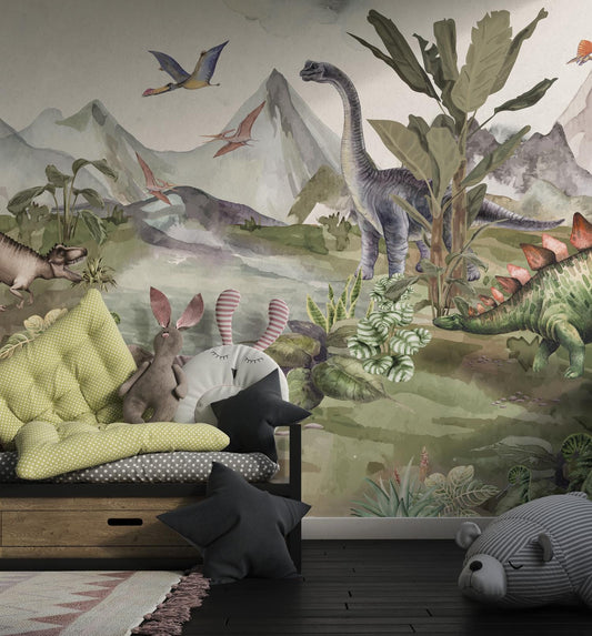 Dinosaurs By The Lake Wallpaper, Wild Animals Wallpaper Nursery, Jungle Childrens Wallpaper, Peel and Stick Wallpaper, Baby Wallpaper