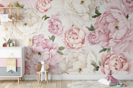 Pink and White Peony Flowers Wallpaper, Floral Wallpaper, Colourful Romantic Wall Mural, Peel and Stick Wallpaper, Spring Themed Wallpaper