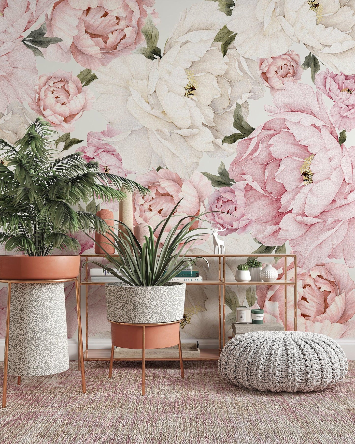 Pink and White Peony Flowers Wallpaper, Floral Wallpaper, Colourful Romantic Wall Mural, Peel and Stick Wallpaper, Spring Themed Wallpaper