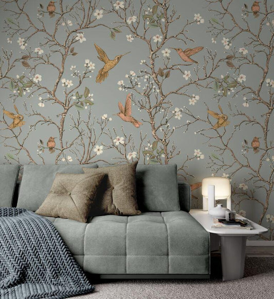 Hummingbirds Flowers Retro Style Floral Backdrop Wallpaper, Peel and Stick Wallpaper, Stylish Room Design, Vintage Artistic Wallpaper