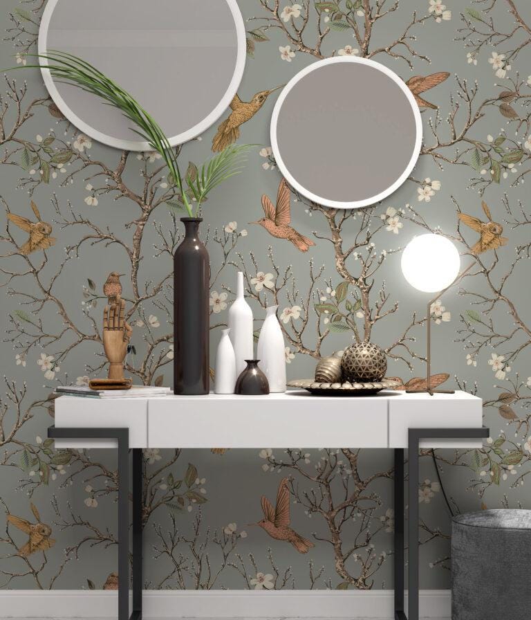 Hummingbirds Flowers Retro Style Floral Backdrop Wallpaper, Peel and Stick Wallpaper, Stylish Room Design, Vintage Artistic Wallpaper
