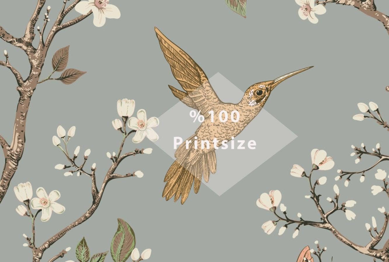 Hummingbirds Flowers Retro Style Floral Backdrop Wallpaper, Peel and Stick Wallpaper, Stylish Room Design, Vintage Artistic Wallpaper
