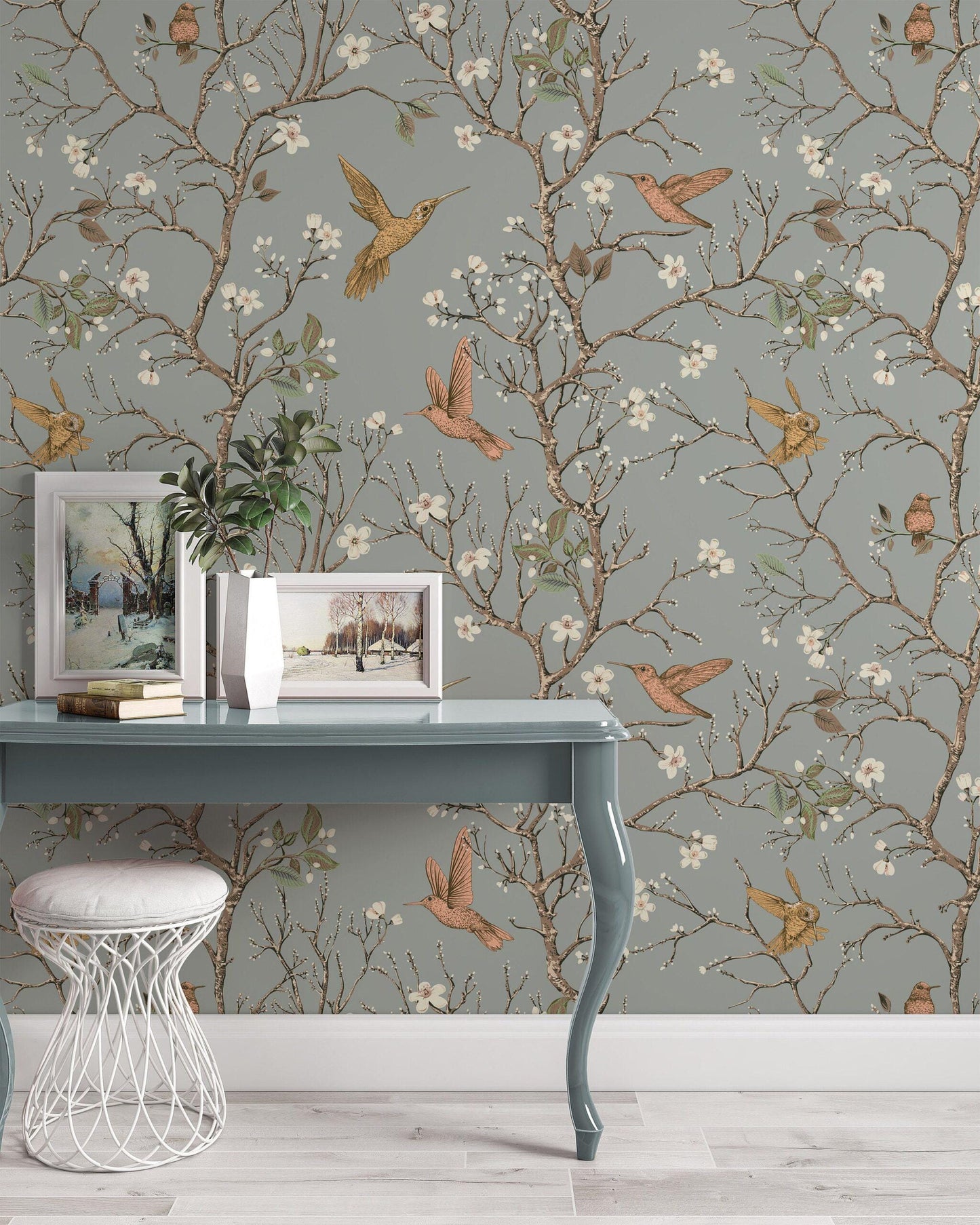 Hummingbirds Flowers Retro Style Floral Backdrop Wallpaper, Peel and Stick Wallpaper, Stylish Room Design, Vintage Artistic Wallpaper
