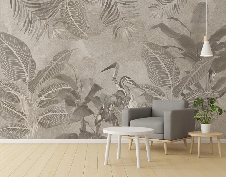 Retro Medieval Tropical Plants Wallpaper, Bohemian Peel and Stick Wallpaper, Nature Wallpaper, Nostalgic Wallpaper, Drawwing Leaf Wallpaper