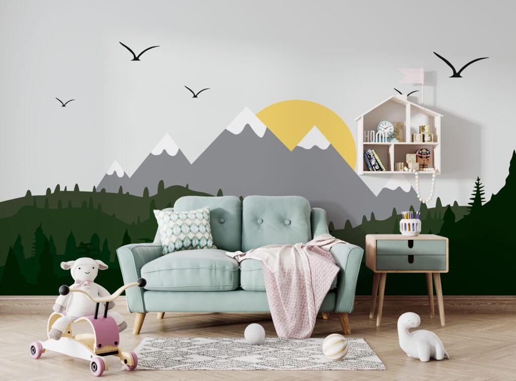 Sunrise Landscape Patterned 3D Wallpaper, Illustration Wallpaper Nursery, Art Child Wallpaper, Colorful Peel and Stick Baby Wallpaper