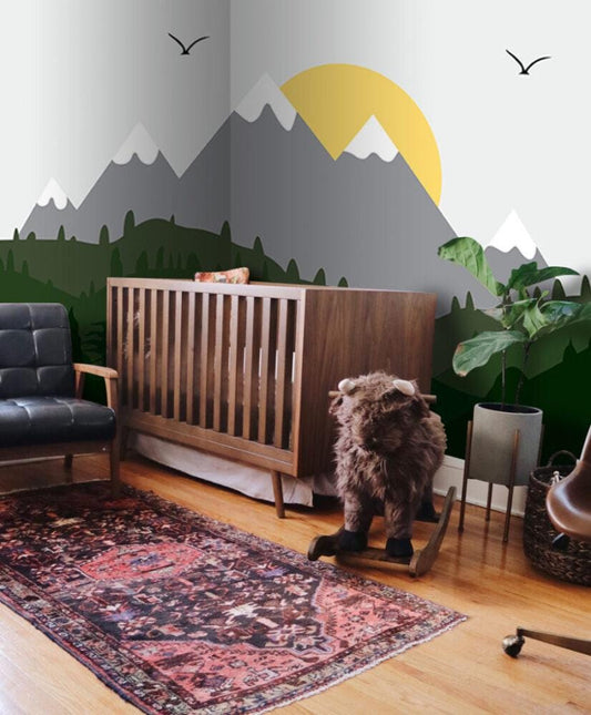 Sunrise Landscape Patterned 3D Wallpaper, Illustration Wallpaper Nursery, Art Child Wallpaper, Colorful Peel and Stick Baby Wallpaper