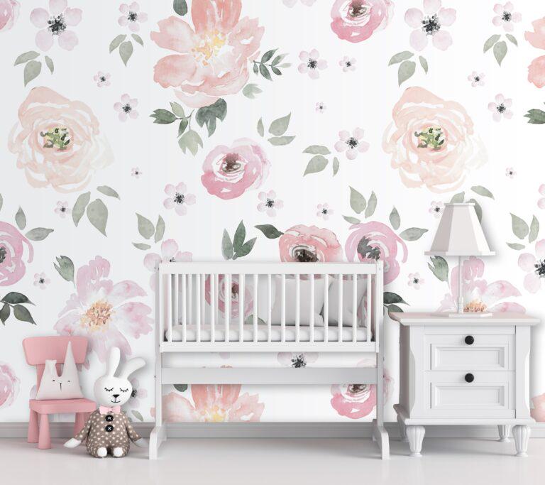 Watercolor Flowers Wallpaper on a White Background, Floral Wallpaper, Colourful Romantic Wall Mural, Pink Baby Girl Spring Themed Wallpaper