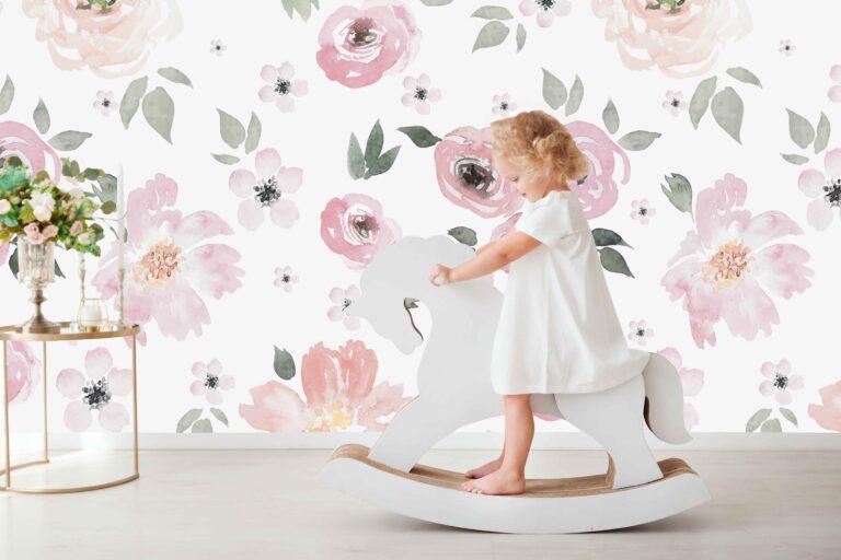 Watercolor Flowers Wallpaper on a White Background, Floral Wallpaper, Colourful Romantic Wall Mural, Pink Baby Girl Spring Themed Wallpaper