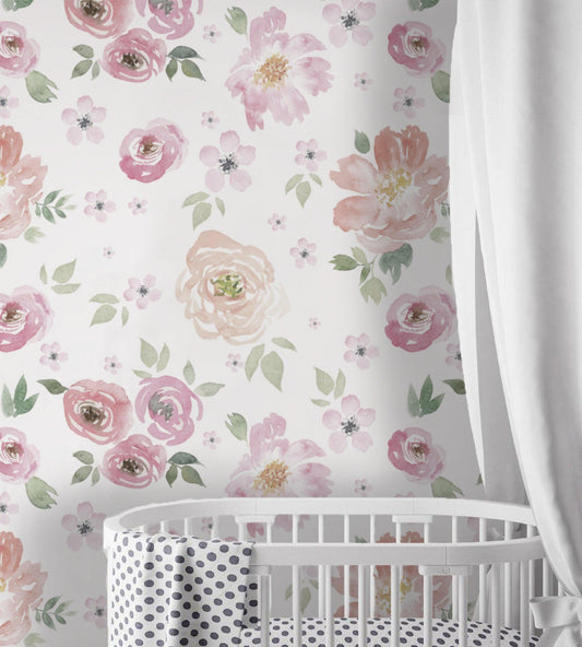 Watercolor Flowers Wallpaper on a White Background, Floral Wallpaper, Colourful Romantic Wall Mural, Pink Baby Girl Spring Themed Wallpaper