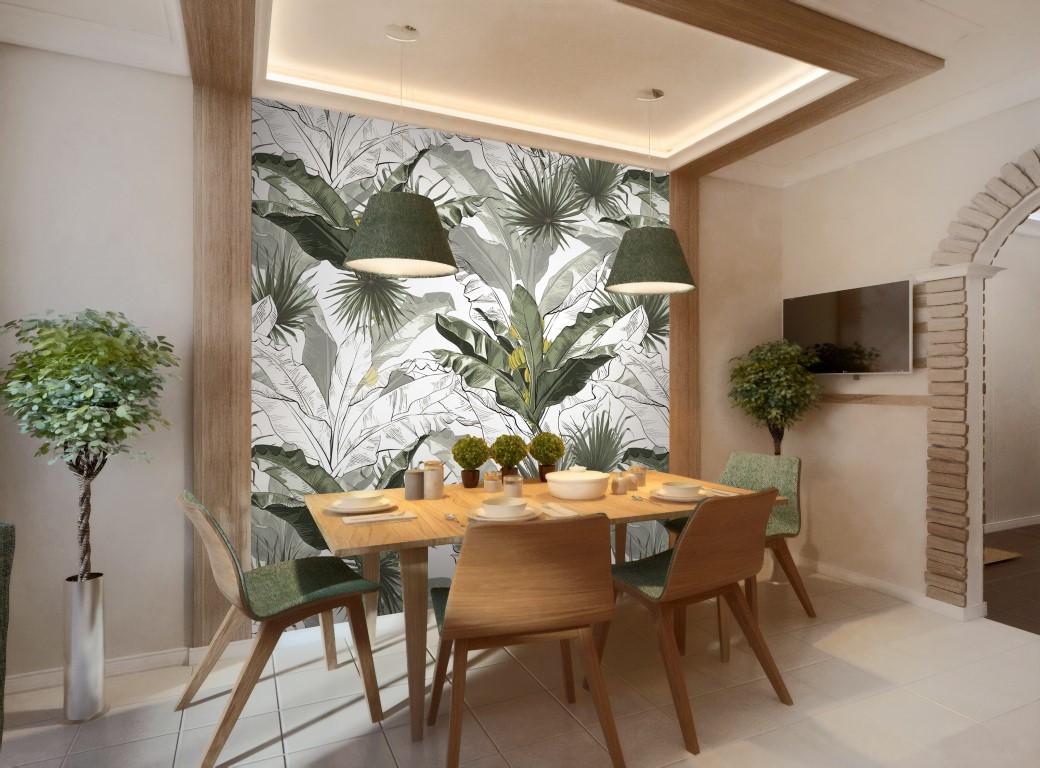 Large Green and White Color Leaf Work Wallpaper, Nature Illustration Wallpaper, Botany Mural, Peel and Stick Wallpaper, Stylish Room Design