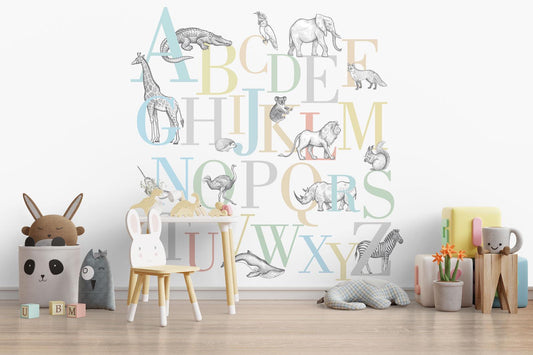 Colorful Alphabet Letters Wallpaper with Animal Drawings, Wallpaper For Kidsroom, Animals Wallpaper Nursery, Childrens and Baby Wallpaper