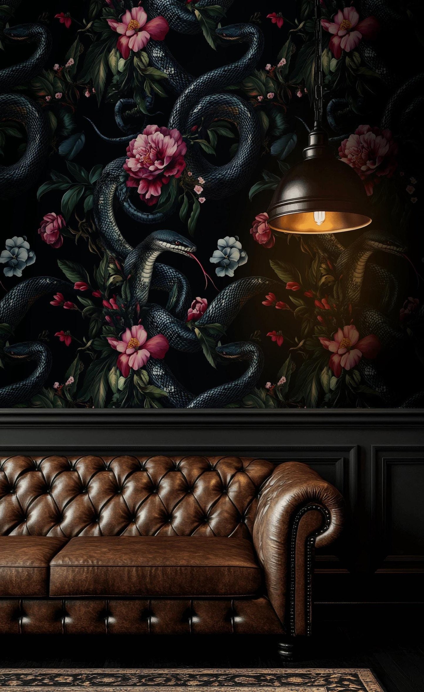 Snakes and Flowers Wallpaper, Dark Botanical Wallpaper, Botanical Night Wallpaper, Colourful Exotic Plants on Black Background Wallpaper
