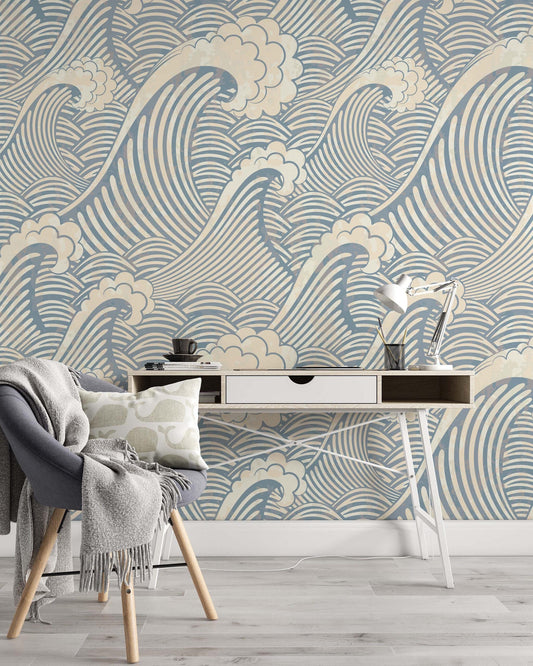 Blue Sea Waves Wallpaper, Illustration Wallpaper, Nature Wallpaper, Modern Wall Mural, Abstract Pattern Wallpaper, Blue Wallpaper