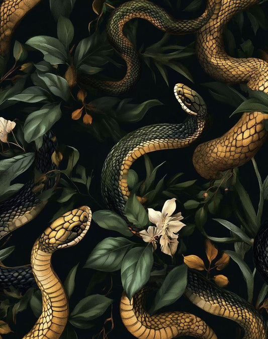 Gold Snakes With Ivy Wallpaper, Dark Botanical Wallpaper, Botanical Night Wallpaper, Colourful Exotic Plants on Black Background Wallpaper