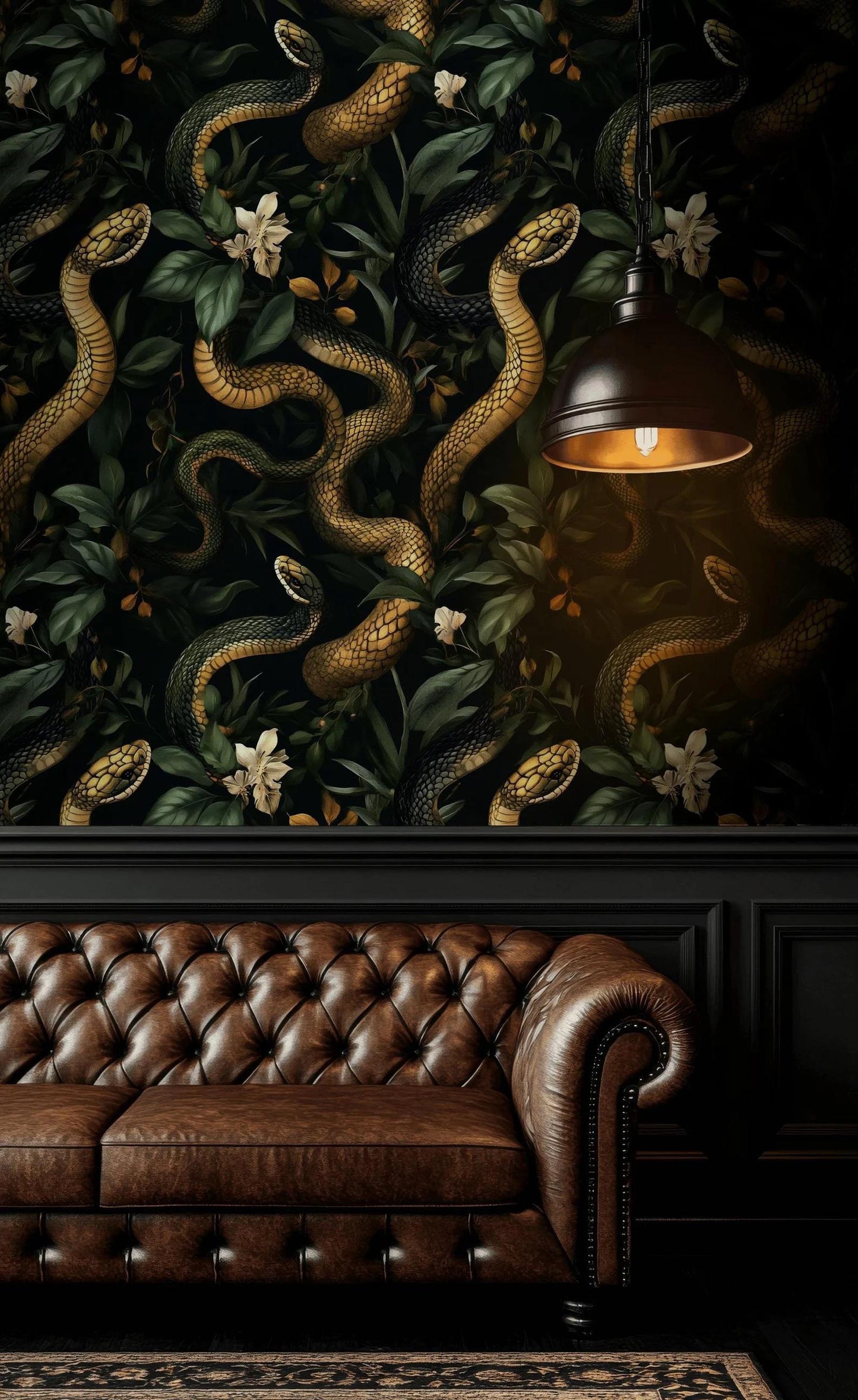 Gold Snakes With Ivy Wallpaper, Dark Botanical Wallpaper, Botanical Night Wallpaper, Colourful Exotic Plants on Black Background Wallpaper