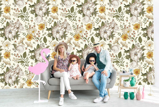 Blooming Flowers Daisy Rose Petunia Wallpaper, Floral Wallpaper, Colourful Romantic Wall Mural, Peel and Stick Wallpaper, Spring Wallpaper