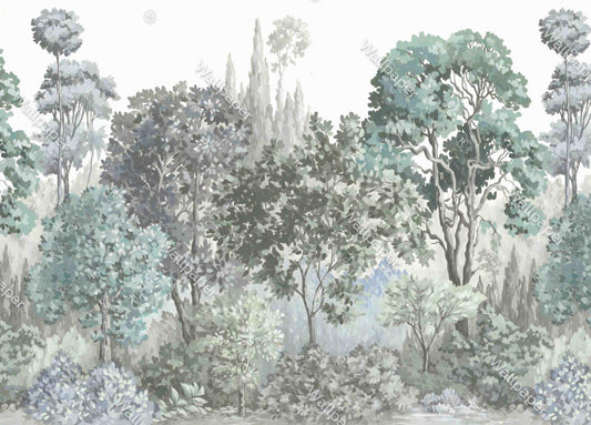 Forest Visual Wallpaper in Soft Green Tones, Trees Wallpaper, Nature Mural, Painting Wallpaper, Vintage Nature Wallpaper, Green Wallpaper