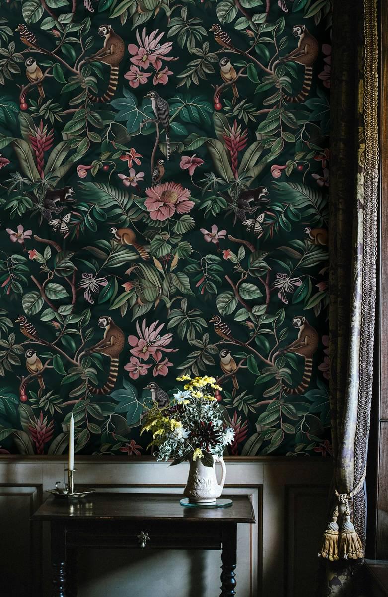 Elegant Dark Botanical Garden With Animals Wallpaper, Exotic Flowers on black Background, Mystic Wallpaper, Floral Bohemian Wallpaper