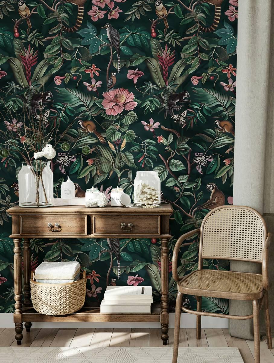 Elegant Dark Botanical Garden With Animals Wallpaper, Exotic Flowers on black Background, Mystic Wallpaper, Floral Bohemian Wallpaper