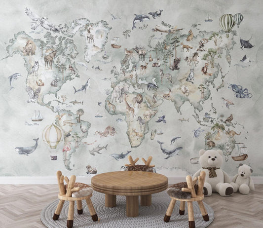 World Map 3D Wallpaper with Animals in Aqua Green Tones, Children Wallpaper , Peel and Stick Wallpaper Nursery and School, Baby Wallpaper