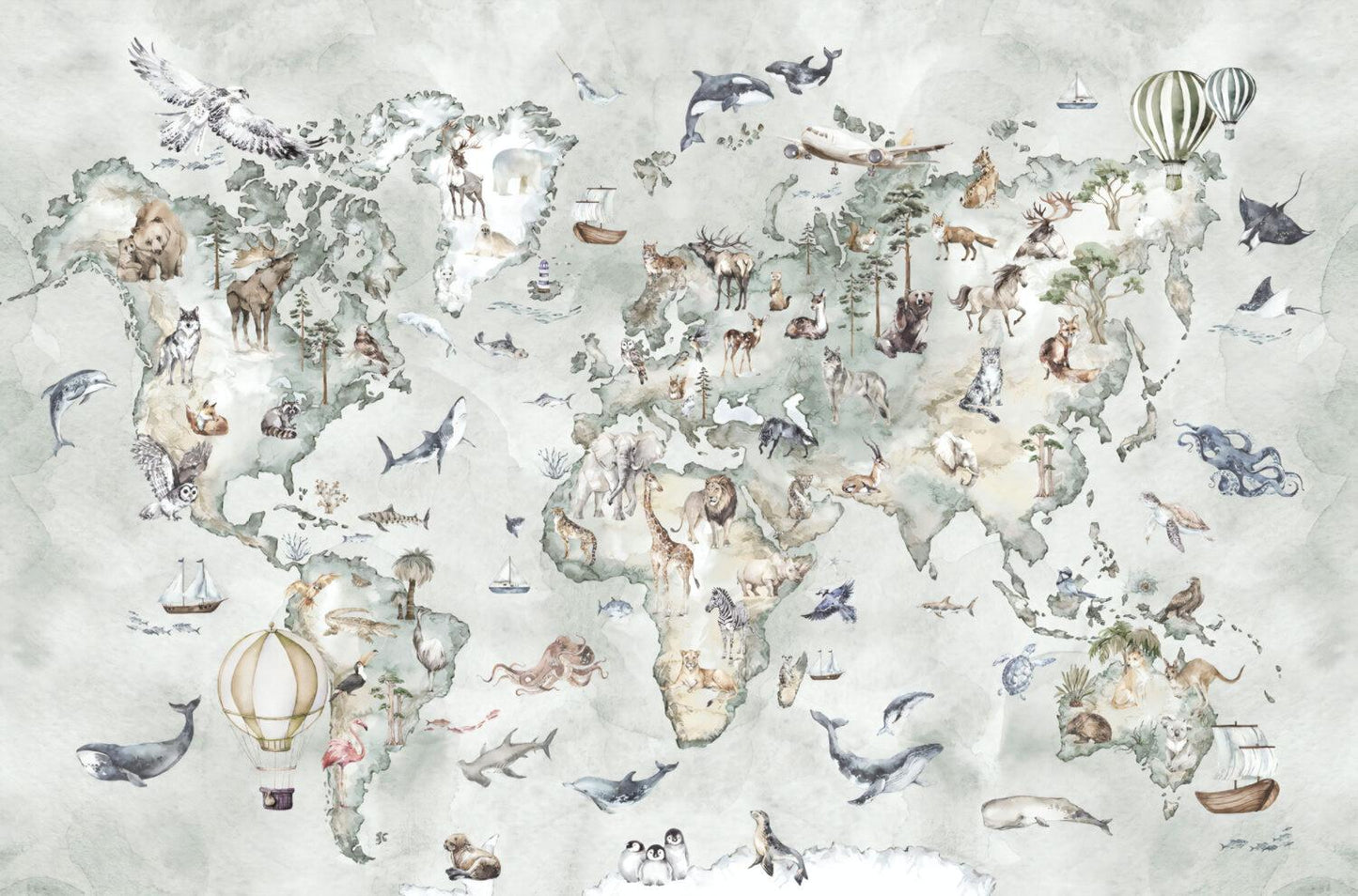 World Map 3D Wallpaper with Animals in Aqua Green Tones, Children Wallpaper , Peel and Stick Wallpaper Nursery and School, Baby Wallpaper