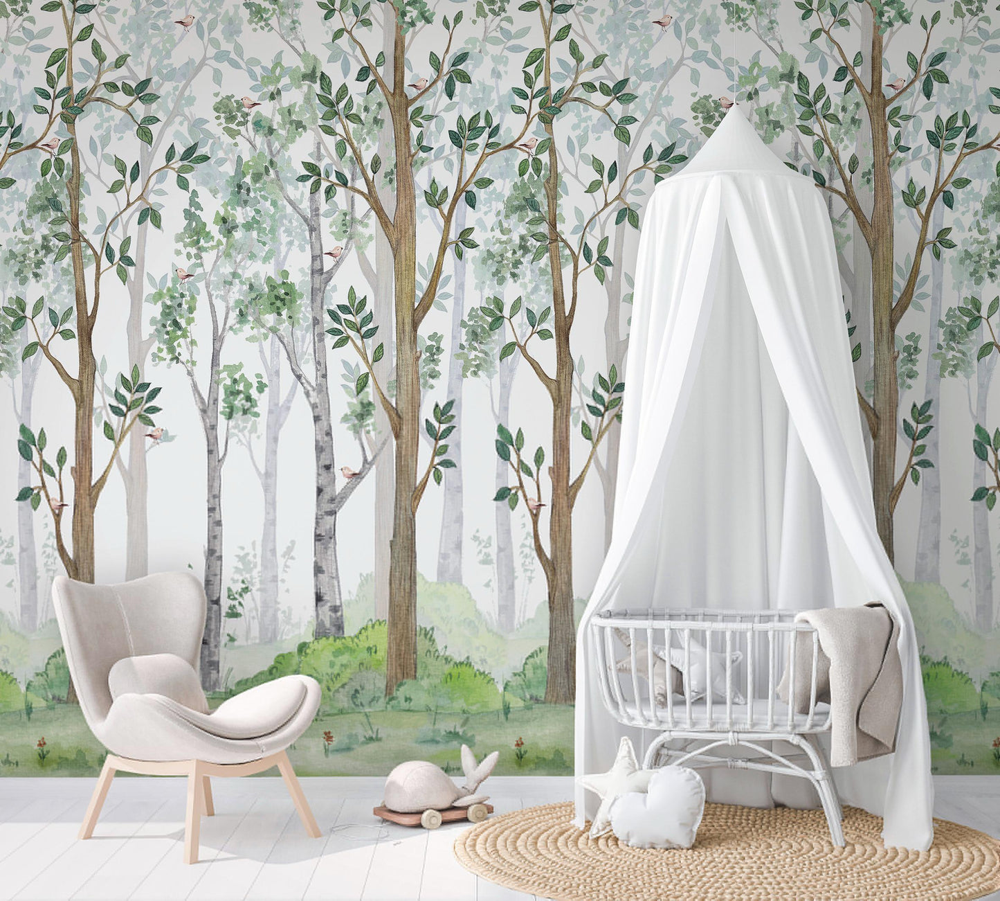 Green Leaves Tree Baby Wallpaper, Wallpaper Nursery, Baby Mural, Watercolor Nature Kids Wallpaper, Forest Kidsroom Wallpaper