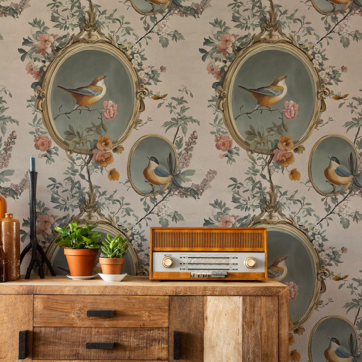 Vintage Birds and Flowers, Nature Frame Wallpaper, Vintage Floral Pattern Wallpaper, Romantic Drawing Mural, Elegant Chinoiserie Wallpaper