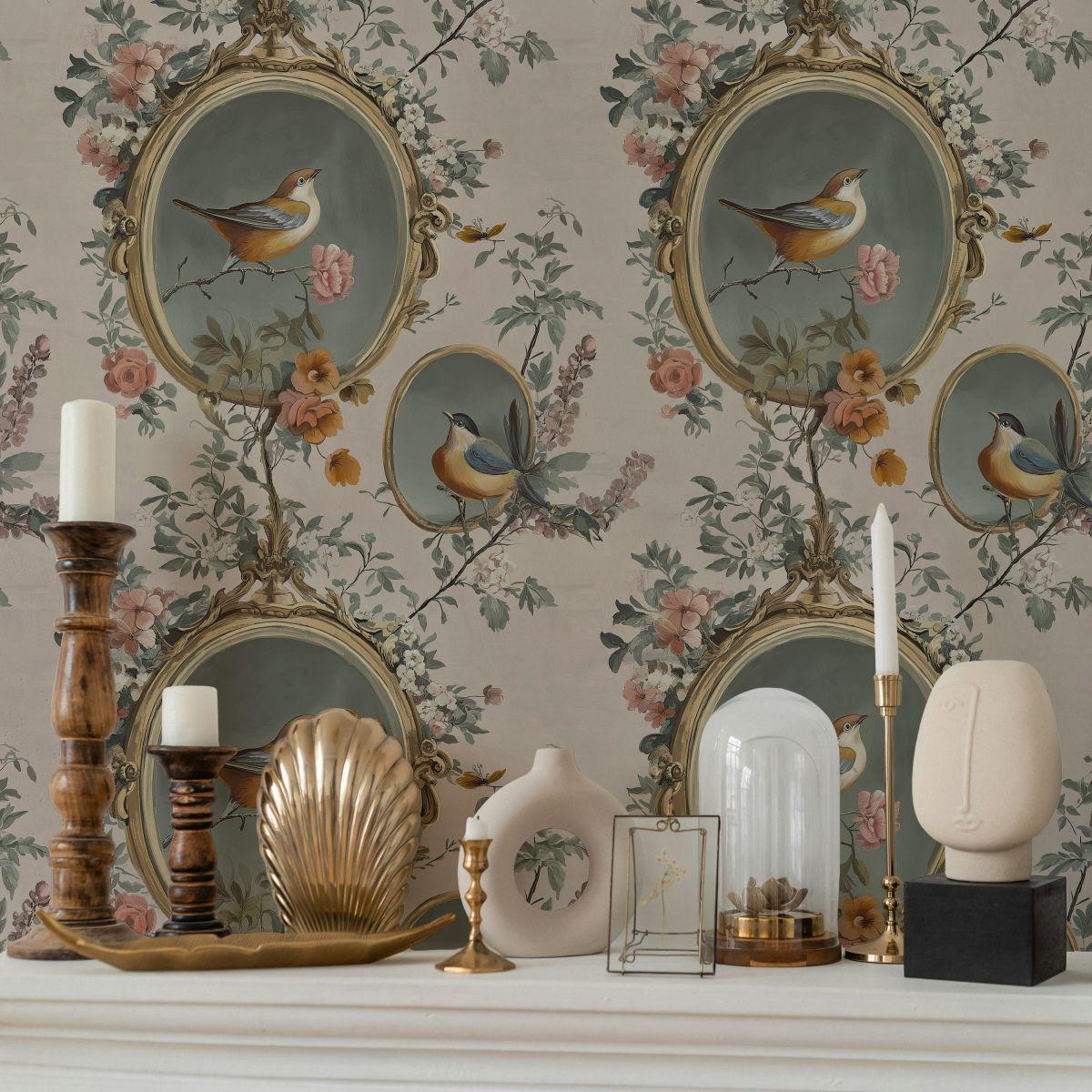 Vintage Birds and Flowers, Nature Frame Wallpaper, Vintage Floral Pattern Wallpaper, Romantic Drawing Mural, Elegant Chinoiserie Wallpaper