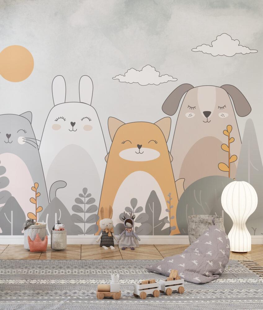 Cute Animals Wallpaper in Linear Soft Tones, Bear Cat Rabbit Wallpaper Nursery, Children Wallpaper, Peel and Stick Wallpaper, Baby Wallpaper