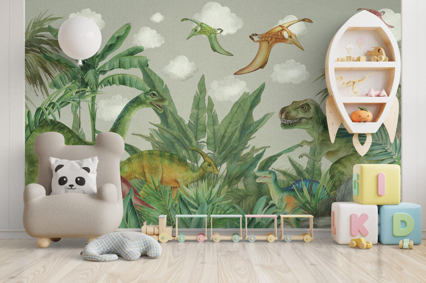Dinosaurs And Tropical Forest Wallpaper, Wild Animals Wallpaper Nursery, Jungle Children Wallpaper, Peel and Stick Wallpaper, Baby Wallpaper