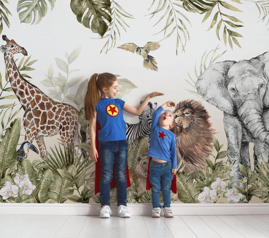 Wildlife Safari Lion Leopard Elephant Giraffe Wallpaper for Kidsroom, Child Wallpaper, Peel and Stick Wall Mural Nursery, Jungle Wallpaper