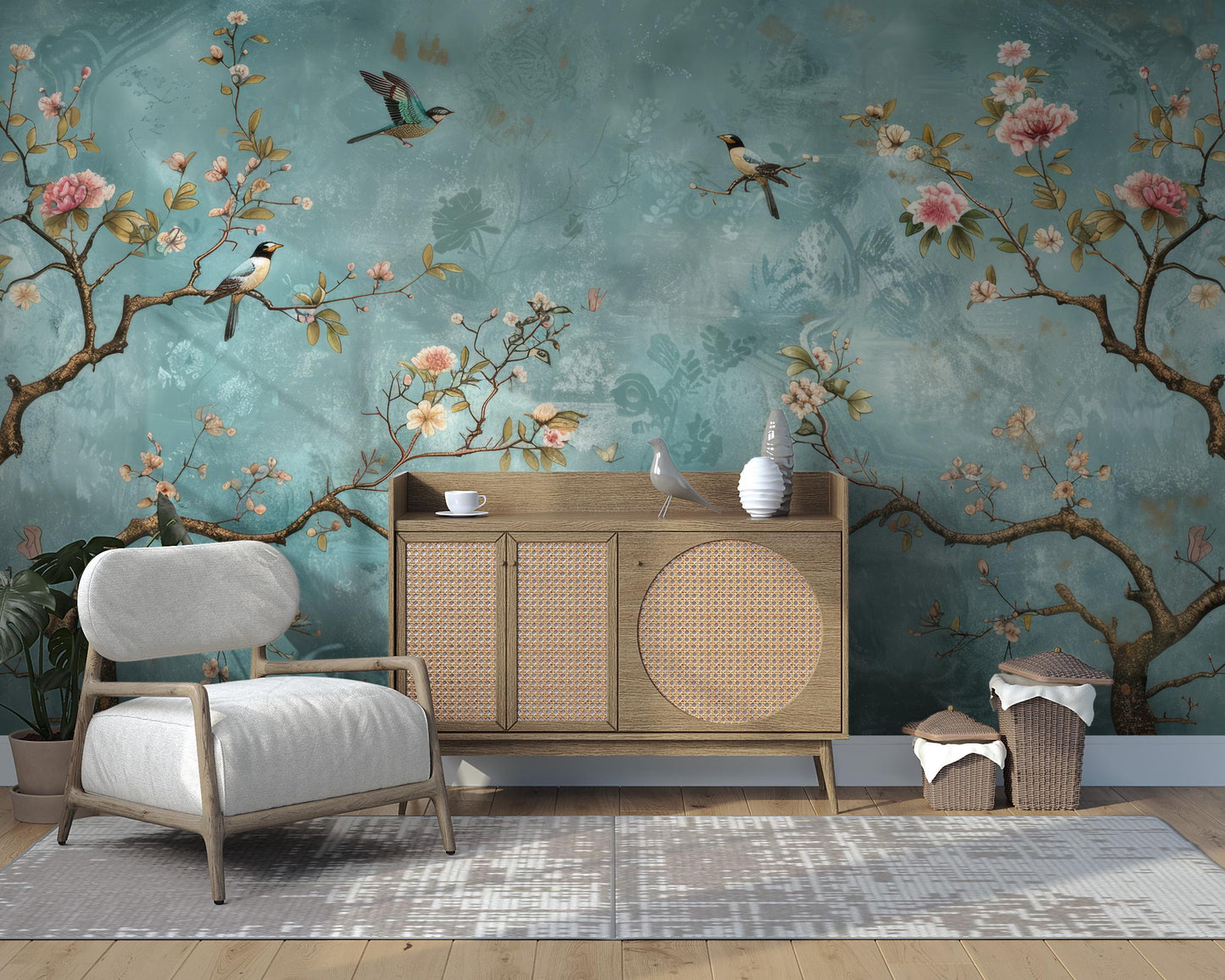 Birds and Flowers Wallpaper on Turquoise Background, Spring Flowers Wallpaper, Floral Wallpaper, Romantic Mural, Blooming Drawing Wallpaper