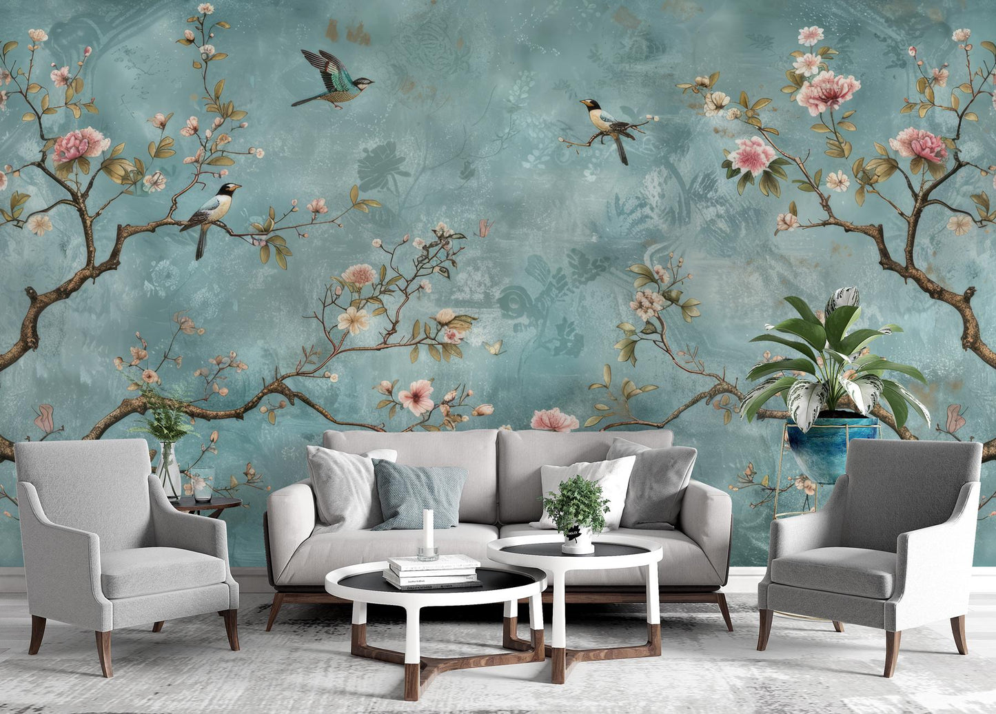 Birds and Flowers Wallpaper on Turquoise Background, Spring Flowers Wallpaper, Floral Wallpaper, Romantic Mural, Blooming Drawing Wallpaper