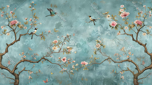 Birds and Flowers Wallpaper on Turquoise Background, Spring Flowers Wallpaper, Floral Wallpaper, Romantic Mural, Blooming Drawing Wallpaper