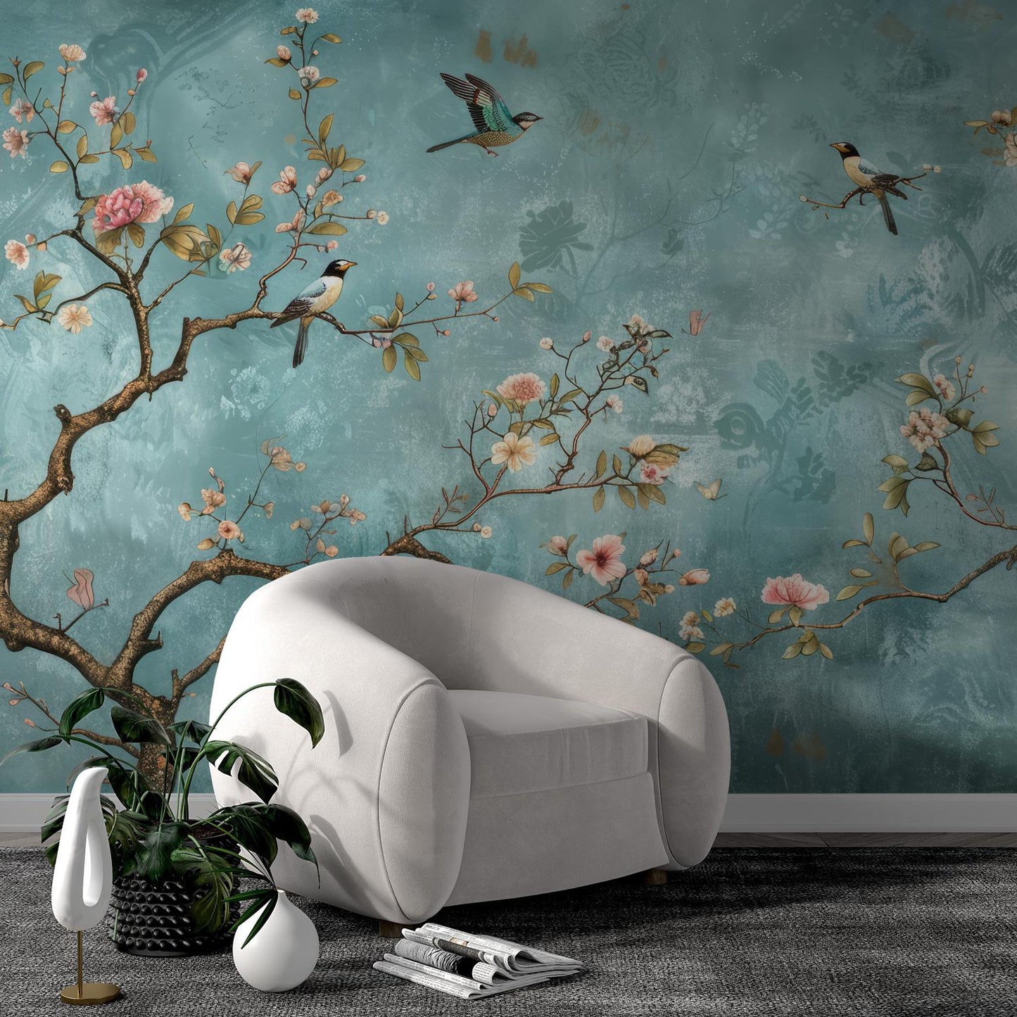 Birds and Flowers Wallpaper on Turquoise Background, Spring Flowers Wallpaper, Floral Wallpaper, Romantic Mural, Blooming Drawing Wallpaper