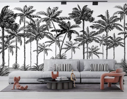 Black and White Tropical Trees Wallpaper, Dark Gray Wallpaper, Palm Wall Mural, Peel and Stick Wallpaper, Stylish Room Design, Wall Design