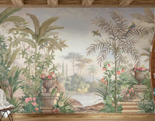 Bird Garden in Tropical Forest Wallpaper, Bohemian Wallpaper, Trees Mural Peel and Stick Wallpaper, Antique Botany Drawwing Wallpaper