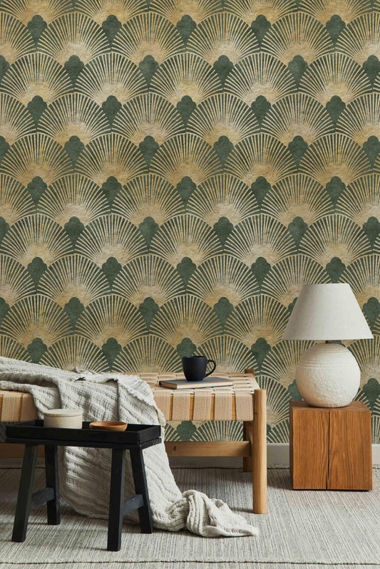 Green and Gold Geometric Pattern Wallpaper, Abstract Wallpaper with Vintage Pattern, Boho Style Wallpaper, Design Modern Pattern Wallpaper