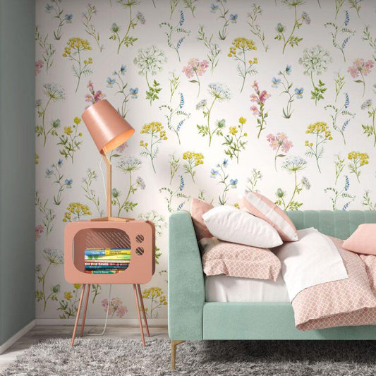 Colorful Minimal Garden Plants Elegant Wallpaper, illustration Wallpaper Nursery, Peel Stick Watercolor Wallpaper, Mini Flowers Wallpaper