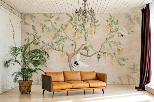 Crane Birds and Spring Tree Wallpaper, Peel and Stick Wall Mural, Drawing Floral Wall Decor, Mimosa Flowers Wallpaper, Vintage Wallpaper