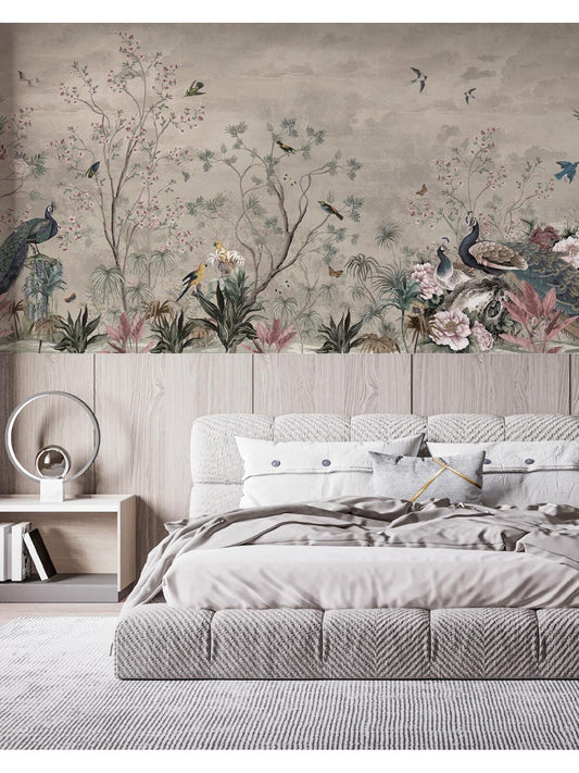 Birds and Nature Wallpaper, Peel and Stick Wall Mural, Drawing Floral Wall Poster, Safe World Wallpaper, Chinoiserie Vintage Wallpaper