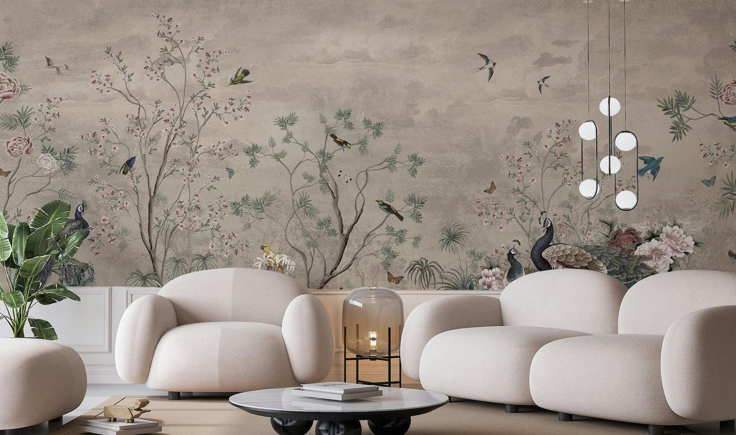 Birds and Nature Wallpaper, Peel and Stick Wall Mural, Drawing Floral Wall Poster, Safe World Wallpaper, Chinoiserie Vintage Wallpaper