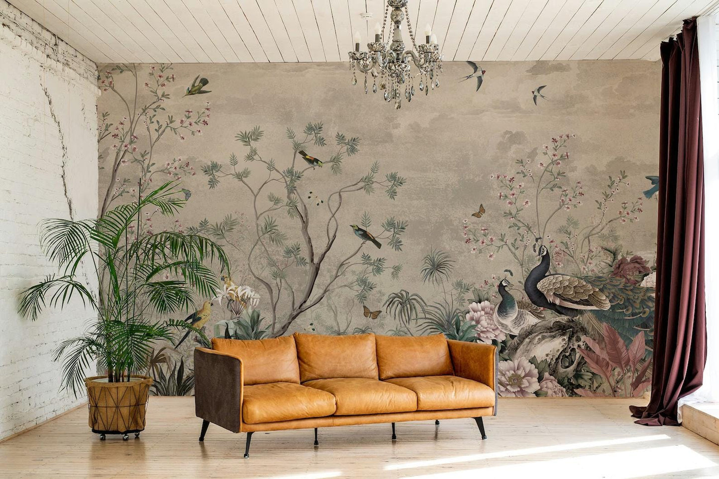 Birds and Nature Wallpaper, Peel and Stick Wall Mural, Drawing Floral Wall Poster, Safe World Wallpaper, Chinoiserie Vintage Wallpaper