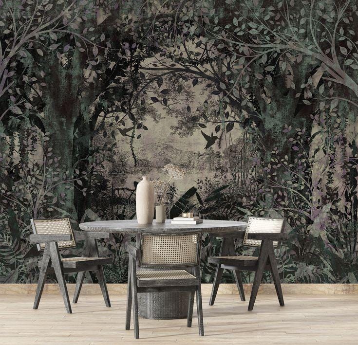 Classic Old Style Landscape Vintage Forest Wallpaper, Trees Wallpaper, Bohemian Wall Mural, Peel and Stick Wallpaper, Mystic Room Design