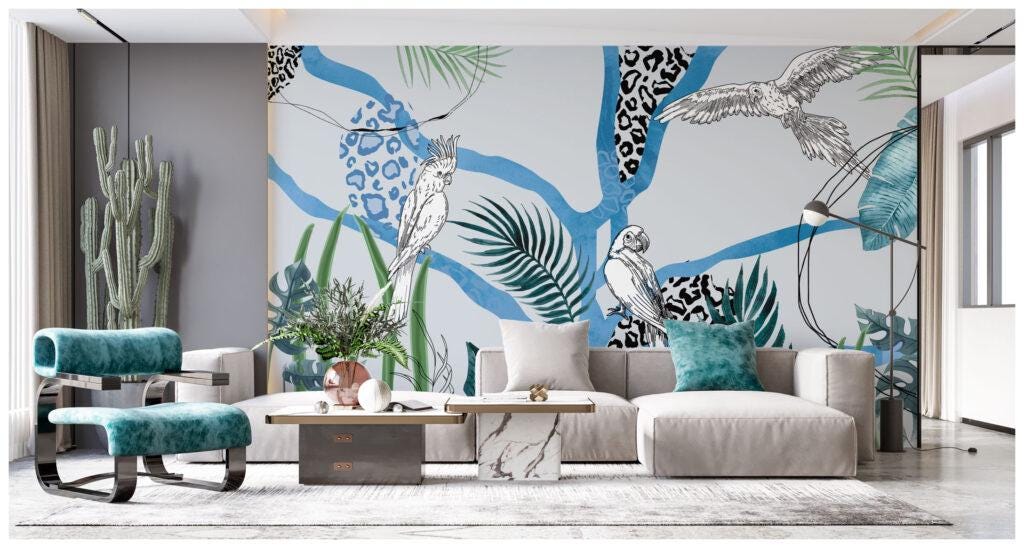 Parrot and Plant Patterned 3D Wallpaper, Tropical Wallpaper, Blue Wallpaper, Illustration Mural, Peel and Stick Wallpaper, Wall Design