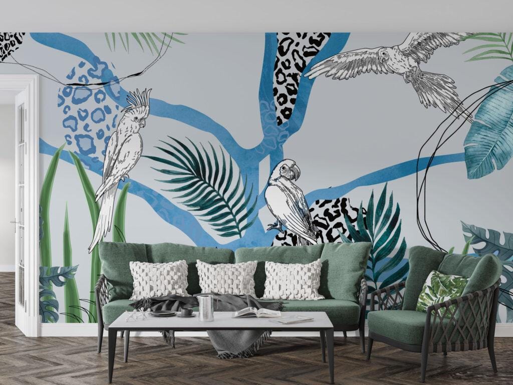Parrot and Plant Patterned 3D Wallpaper, Tropical Wallpaper, Blue Wallpaper, Illustration Mural, Peel and Stick Wallpaper, Wall Design