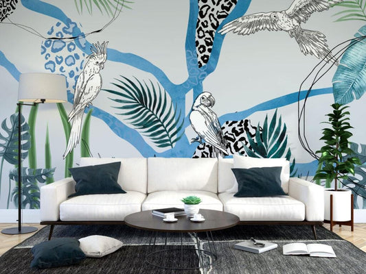 Parrot and Plant Patterned 3D Wallpaper, Tropical Wallpaper, Blue Wallpaper, Illustration Mural, Peel and Stick Wallpaper, Wall Design