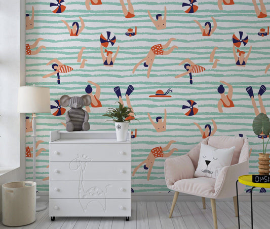 Funny Blue Sea Wallpaper, Illustration Wallpaper, People Playing in Sea Wallpaper, Modern Mural, Abstract Pattern Wallpaper, Blue Wallpaper